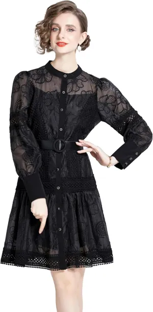 LAI MENG FIVE CATS Women's Hollow Out Floral Print Lantern Sleeve Button Up Casual Mini Dress
