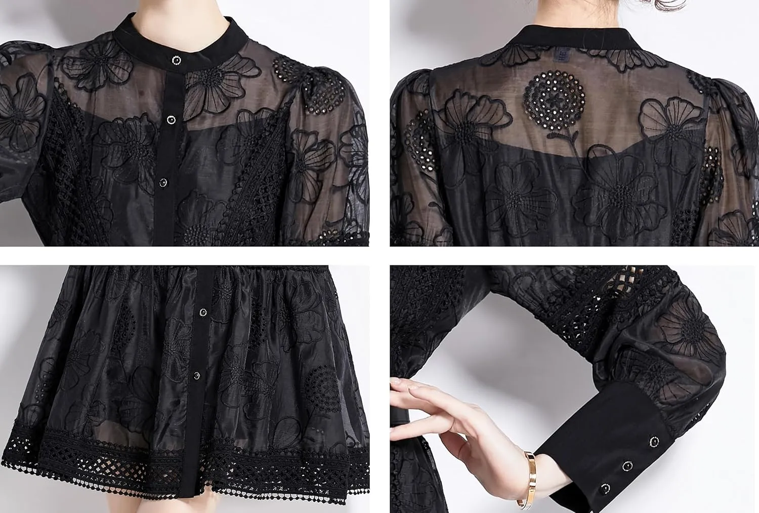 LAI MENG FIVE CATS Women's Hollow Out Floral Print Lantern Sleeve Button Up Casual Mini Dress