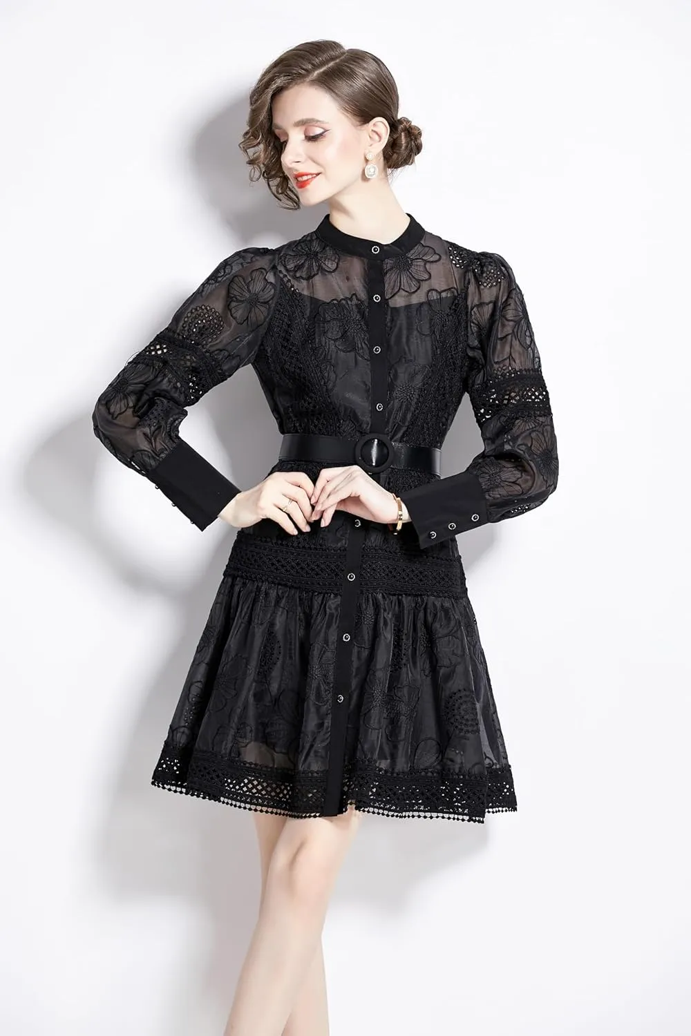 LAI MENG FIVE CATS Women's Hollow Out Floral Print Lantern Sleeve Button Up Casual Mini Dress