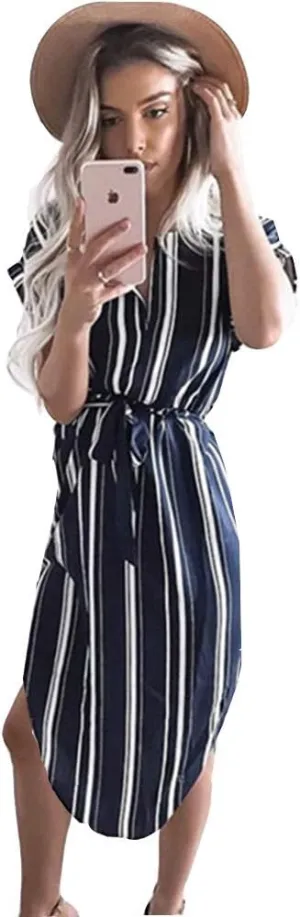 LitBud Womens Midi Dresses Summer V-Neck Short Sleeve Casual Office Geometric Belted Dress