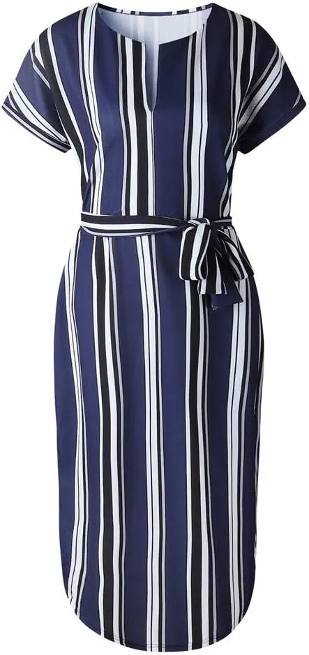 LitBud Womens Midi Dresses Summer V-Neck Short Sleeve Casual Office Geometric Belted Dress