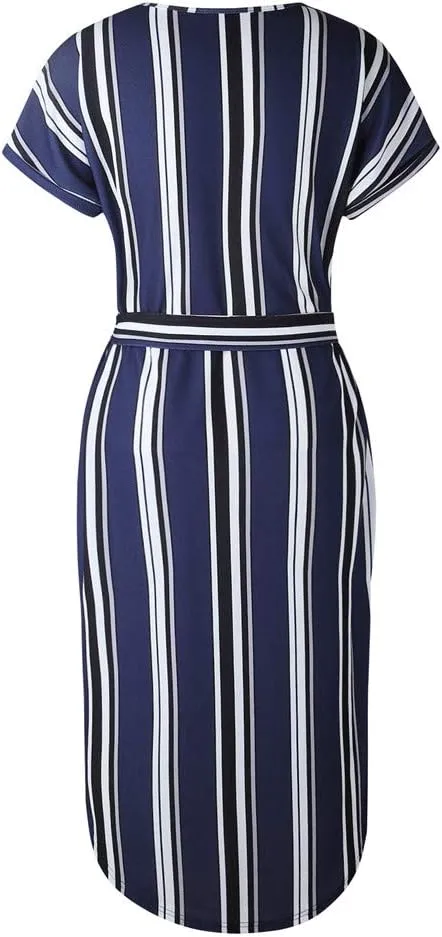LitBud Womens Midi Dresses Summer V-Neck Short Sleeve Casual Office Geometric Belted Dress