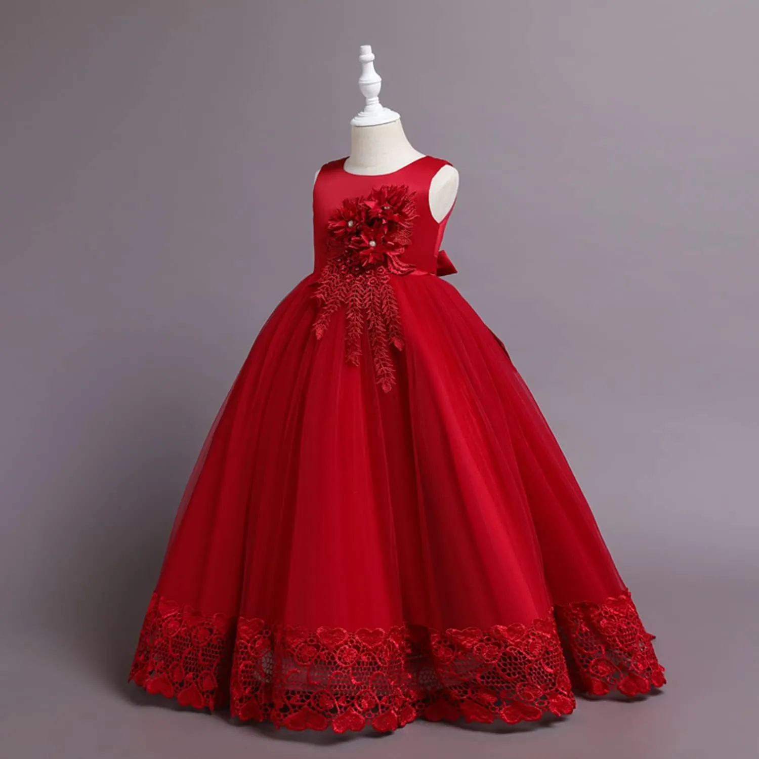 Little Big Girl Vintage Flower Tulle Dress Formal Puffy Princess Maxi Gown for Pageant Wedding Birthday Evening Party