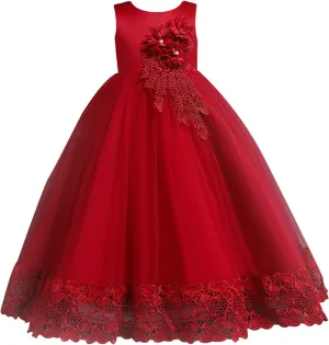 Little Big Girl Vintage Flower Tulle Dress Formal Puffy Princess Maxi Gown for Pageant Wedding Birthday Evening Party