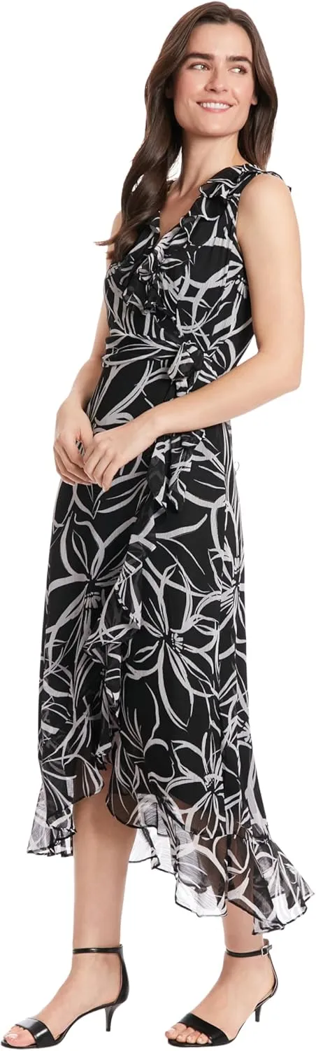 London Times Women's Dresses Sleeveless Ruffle Detail Faux Wrap Tie Midi Dress