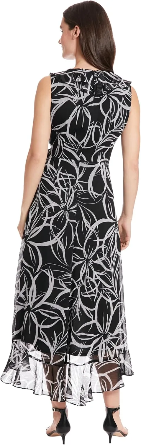 London Times Women's Dresses Sleeveless Ruffle Detail Faux Wrap Tie Midi Dress