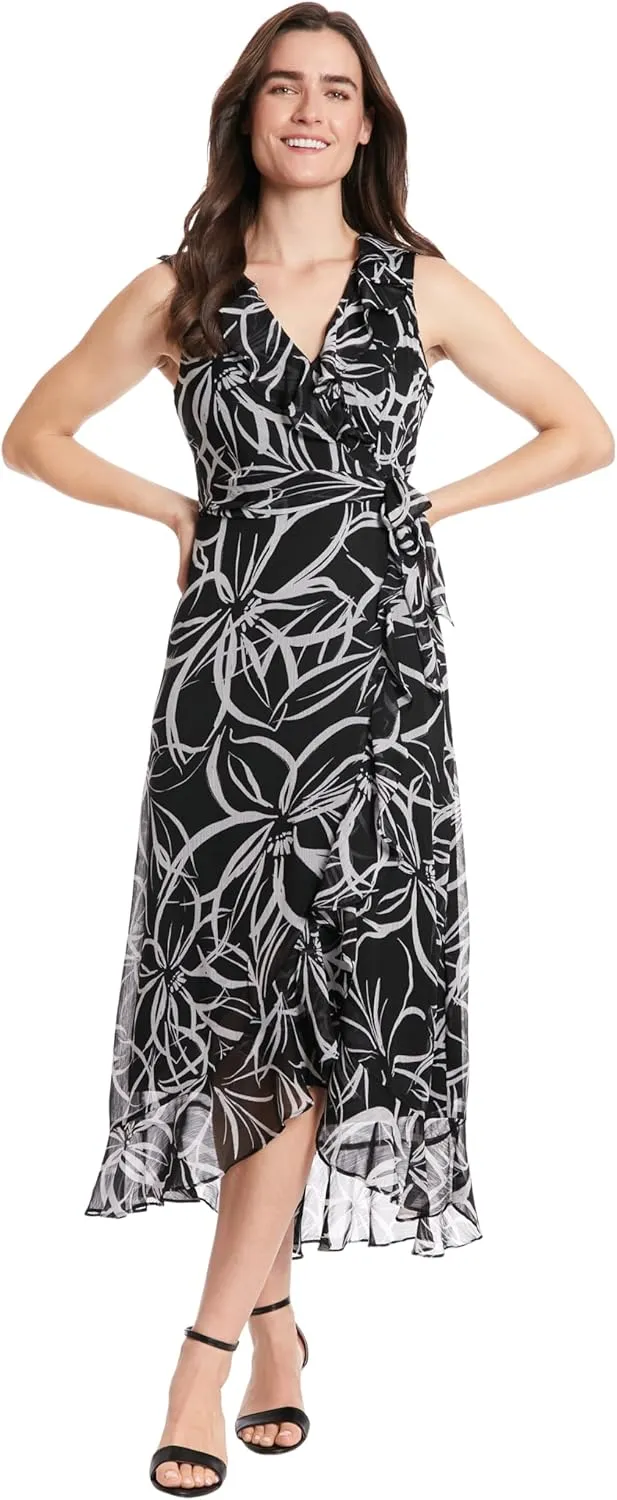 London Times Women's Dresses Sleeveless Ruffle Detail Faux Wrap Tie Midi Dress