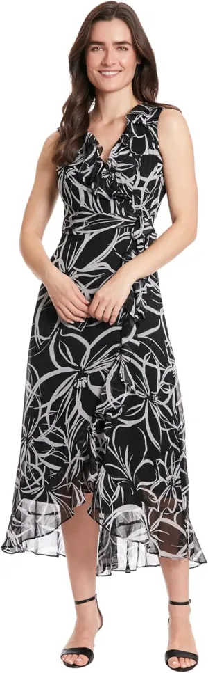 London Times Women's Dresses Sleeveless Ruffle Detail Faux Wrap Tie Midi Dress