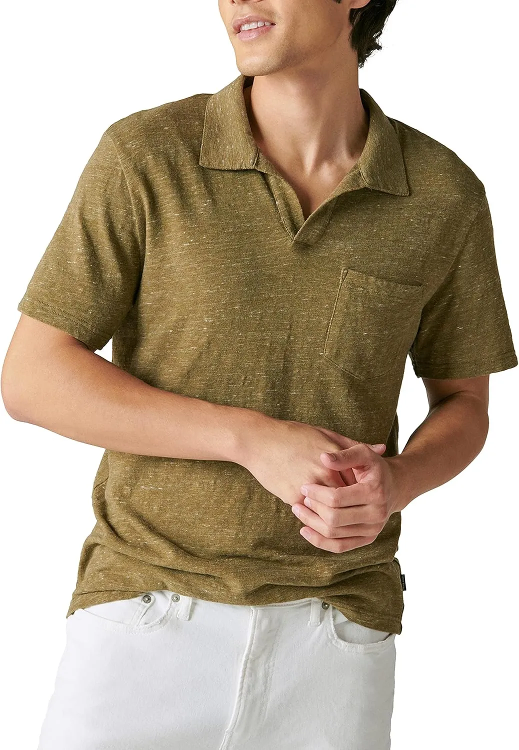 Lucky Brand Men's Short Sleeve Linen Johnny Collar Polo