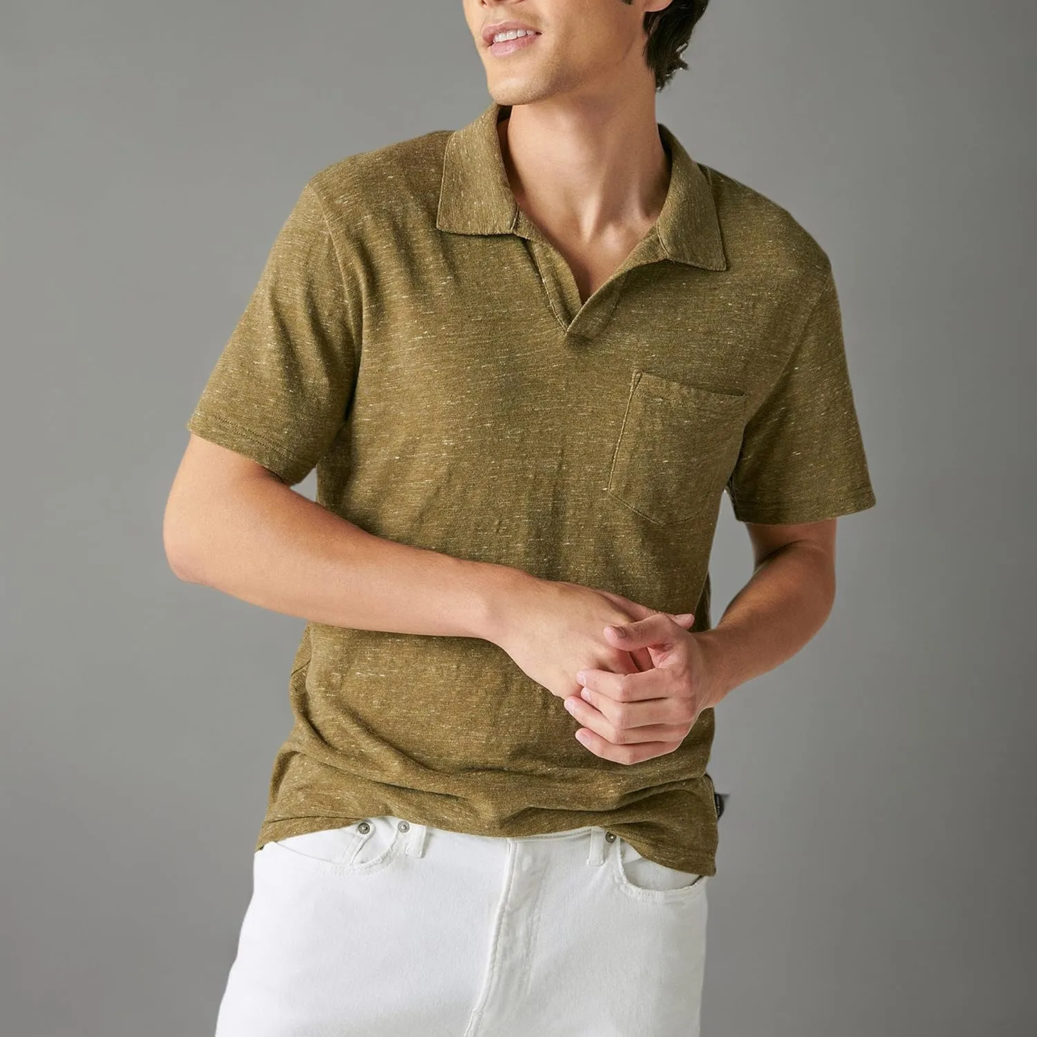 Lucky Brand Men's Short Sleeve Linen Johnny Collar Polo