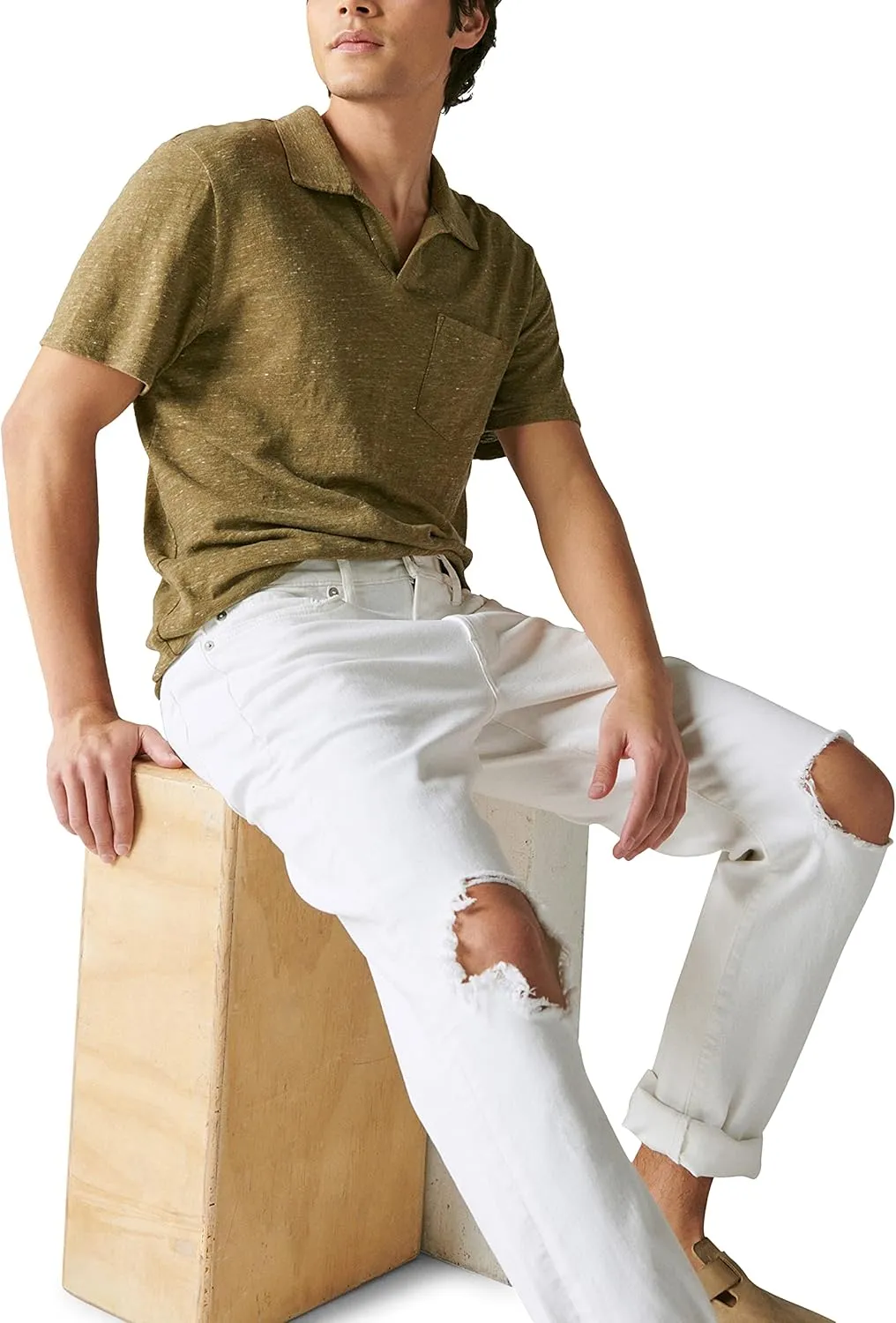 Lucky Brand Men's Short Sleeve Linen Johnny Collar Polo