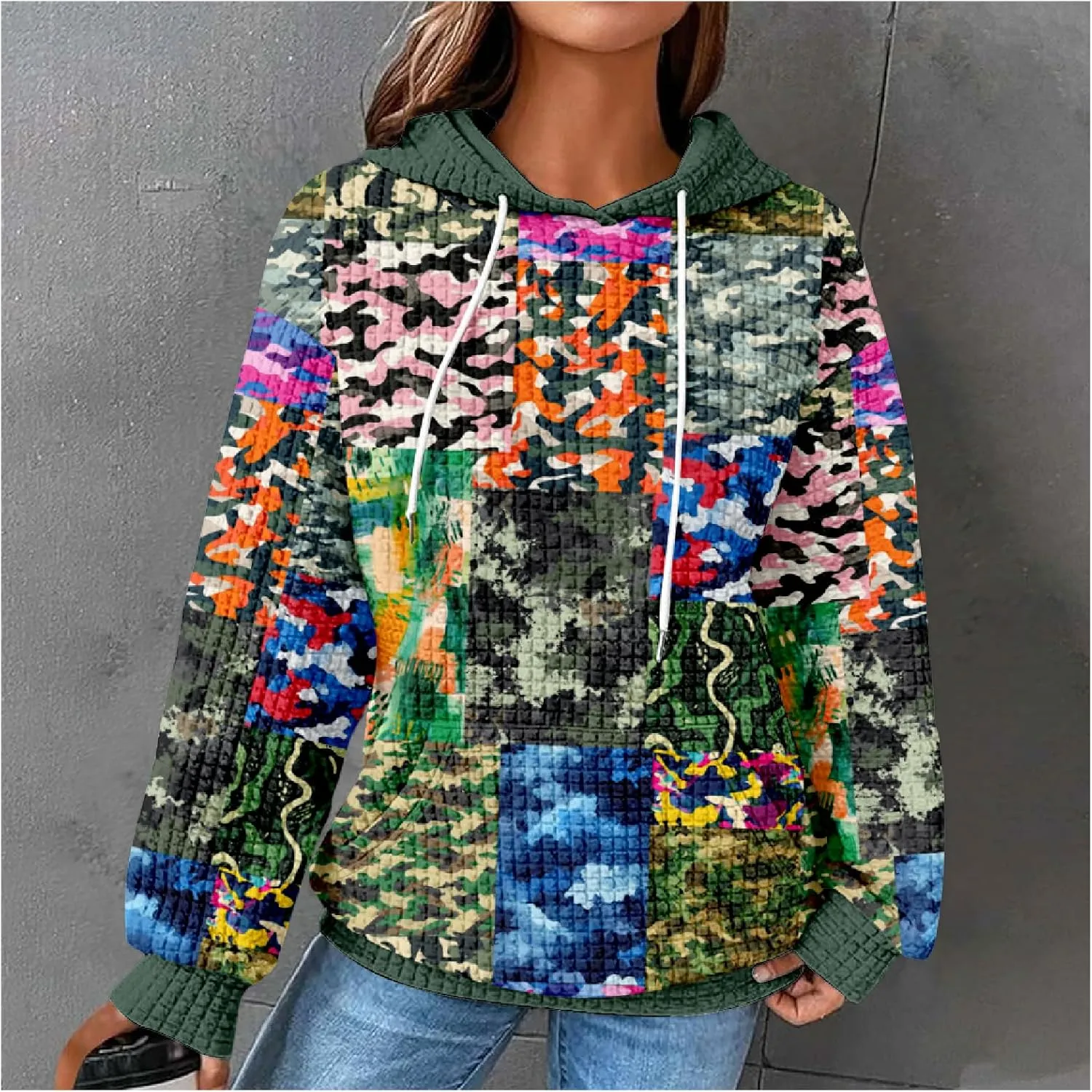 MARSVOVO Patchwork Hoodie for Women Dressy Drawstring Waffle Sweatshirt Pullover Oversized Casual Spring Fall Hoodies