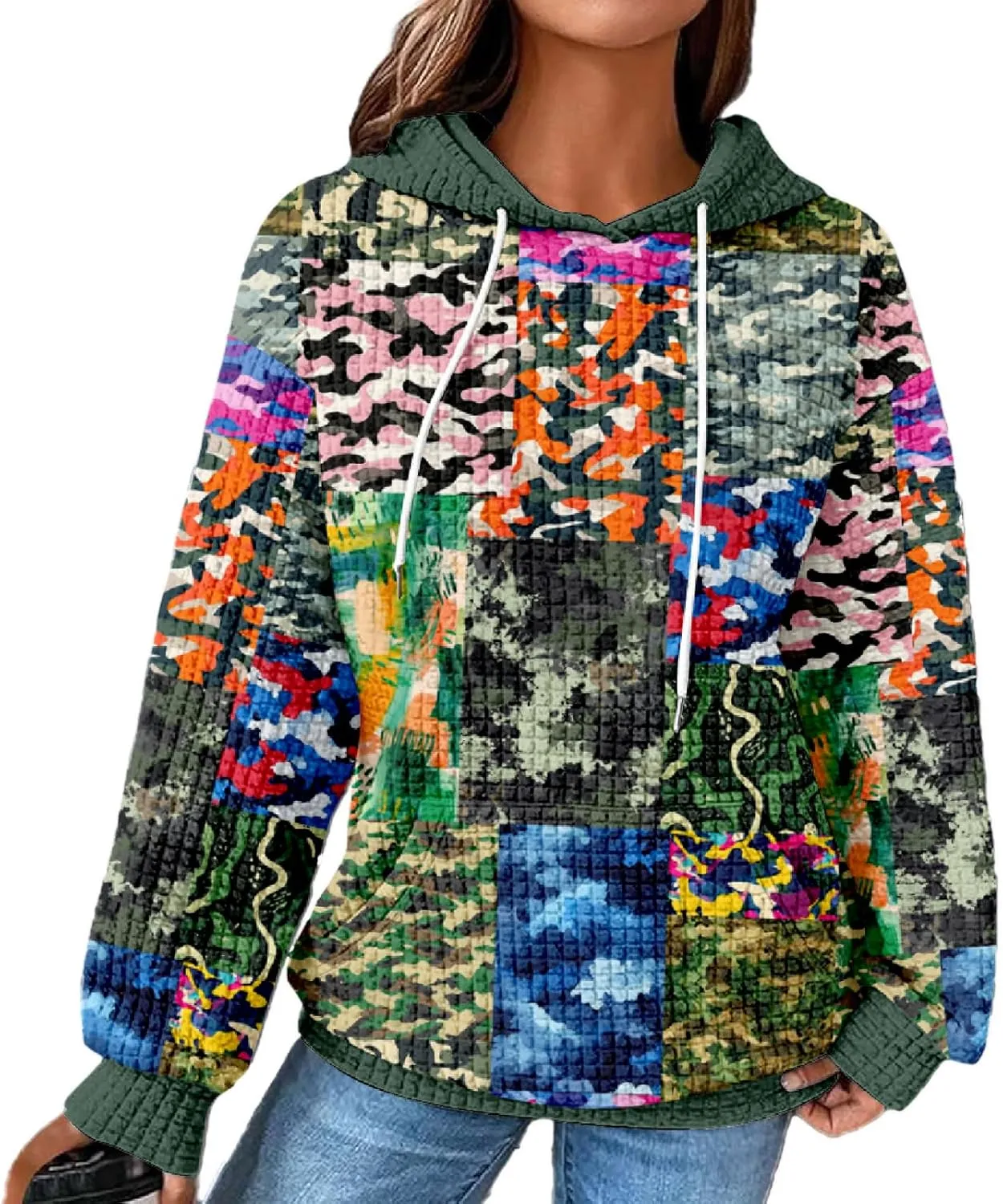MARSVOVO Patchwork Hoodie for Women Dressy Drawstring Waffle Sweatshirt Pullover Oversized Casual Spring Fall Hoodies