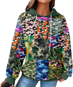 MARSVOVO Patchwork Hoodie for Women Dressy Drawstring Waffle Sweatshirt Pullover Oversized Casual Spring Fall Hoodies