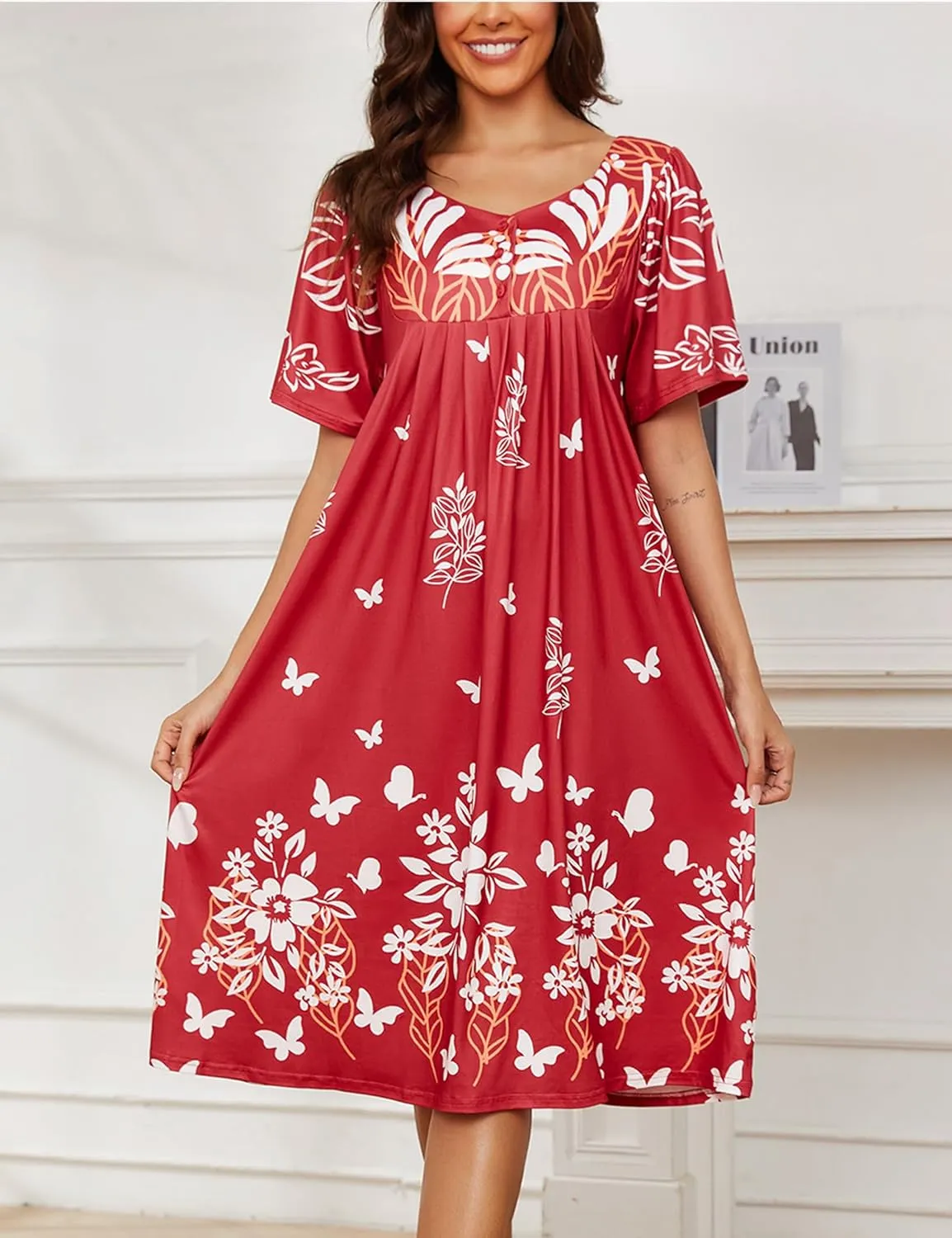 Marvmys Women House Dress with Pocket Mumu Nightgowns Short Sleeve Moomoo Dresses Sleepwears