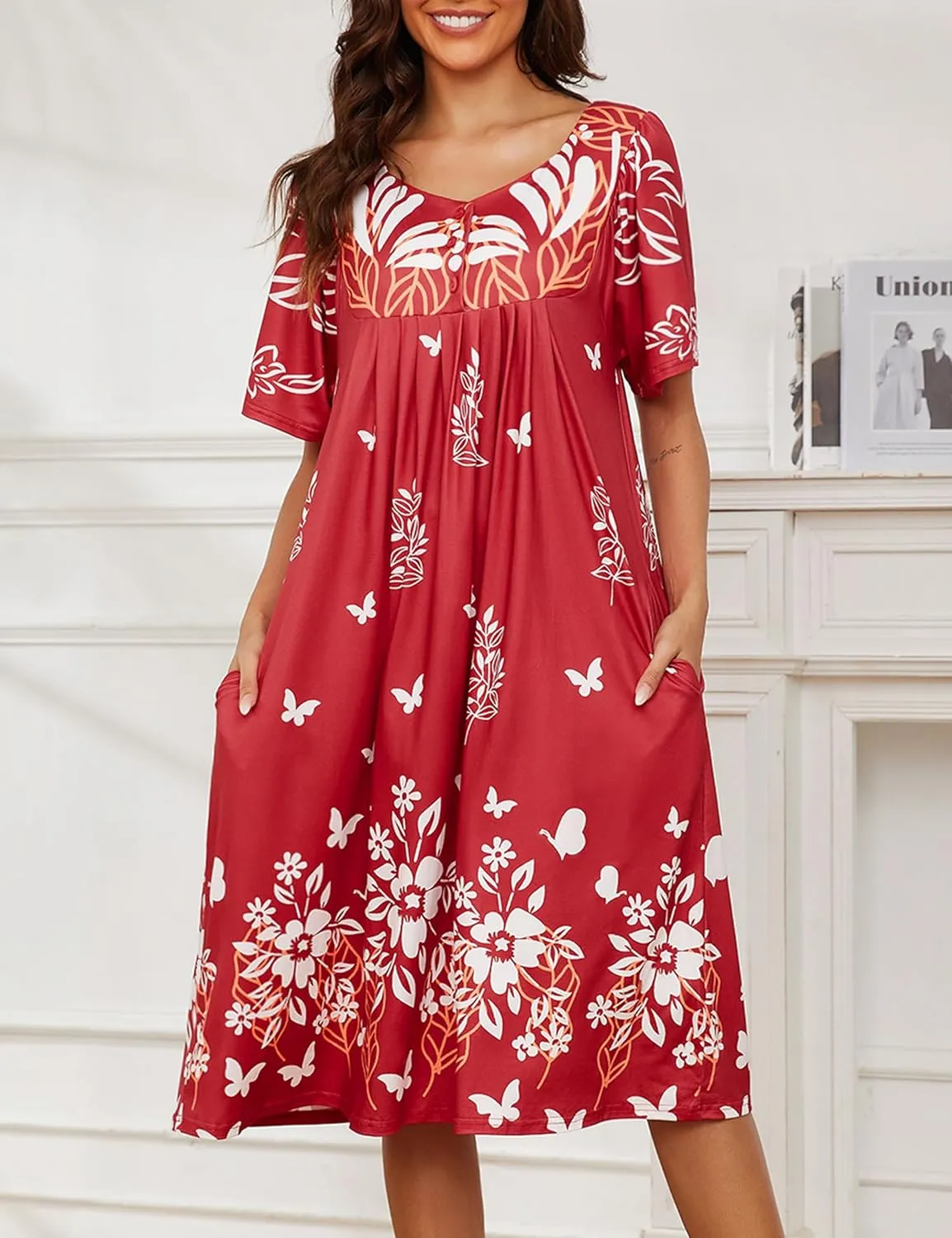 Marvmys Women House Dress with Pocket Mumu Nightgowns Short Sleeve Moomoo Dresses Sleepwears