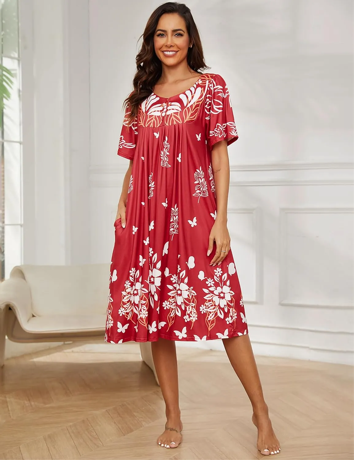 Marvmys Women House Dress with Pocket Mumu Nightgowns Short Sleeve Moomoo Dresses Sleepwears