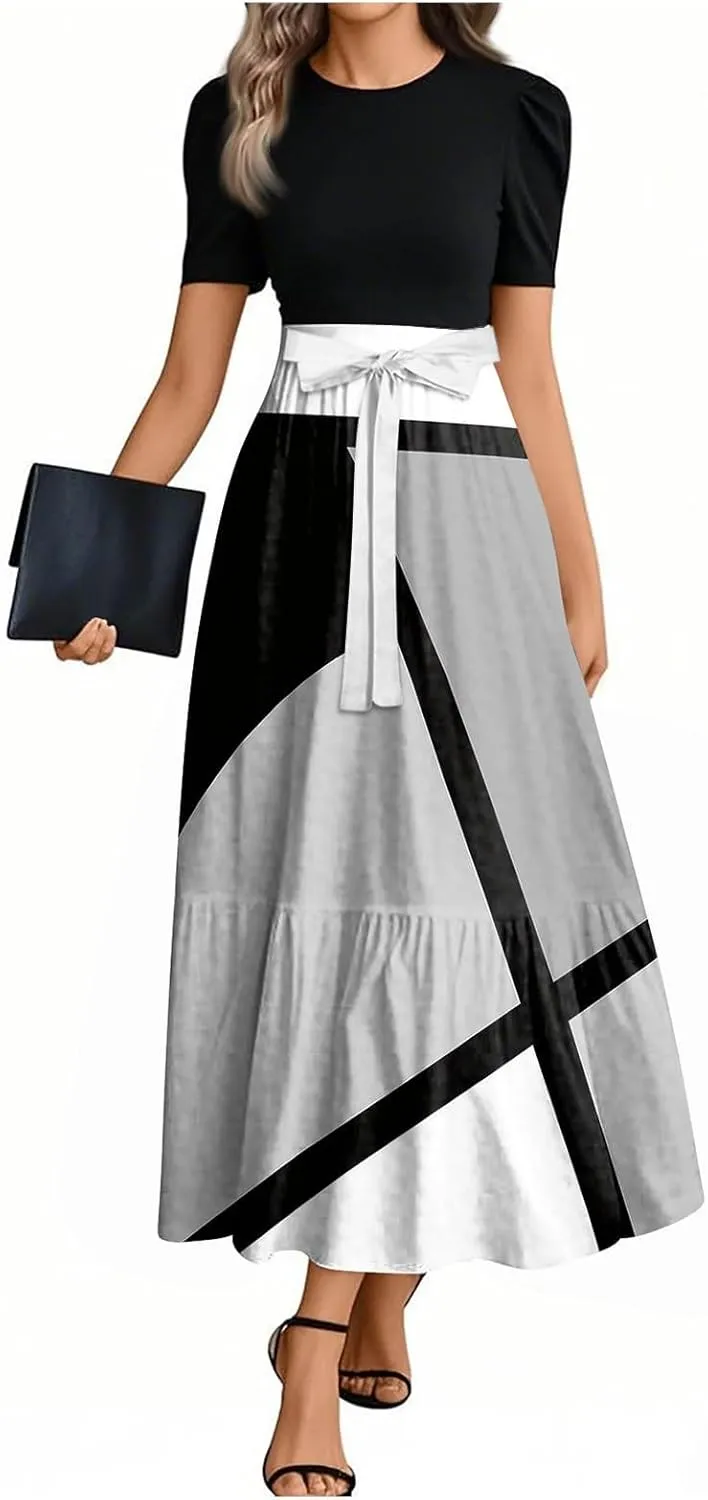 Maxi Dress for Women Spring Crewneck Light Tie Waist Line Short Sleeve Casual Beach High Waist Long Dress