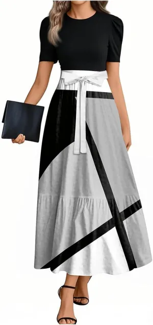 Maxi Dress for Women Spring Crewneck Light Tie Waist Line Short Sleeve Casual Beach High Waist Long Dress