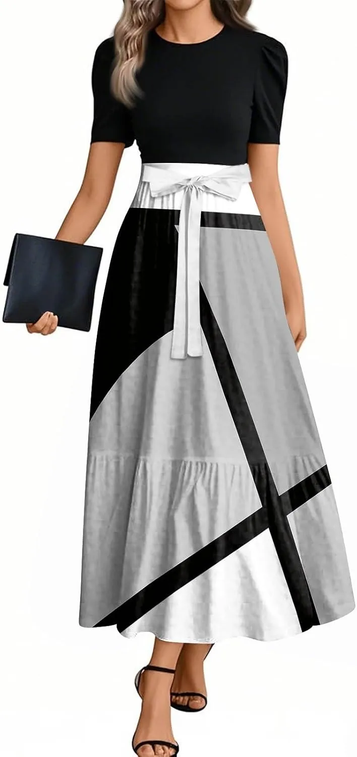 Maxi Dress for Women Spring Crewneck Light Tie Waist Line Short Sleeve Casual Beach High Waist Long Dress