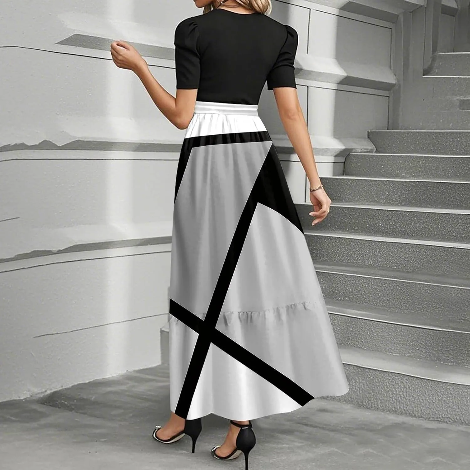 Maxi Dress for Women Spring Crewneck Light Tie Waist Line Short Sleeve Casual Beach High Waist Long Dress