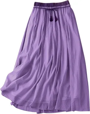 Maxi Skirts for Women Summer Linen High Waist Cotton Retro Double Layered Elastic Solid Flowy Casual Vacation Outfits