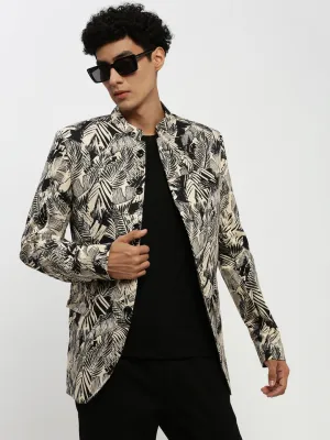 Men Beige Printed Bandhgala Slim Fit Blazer