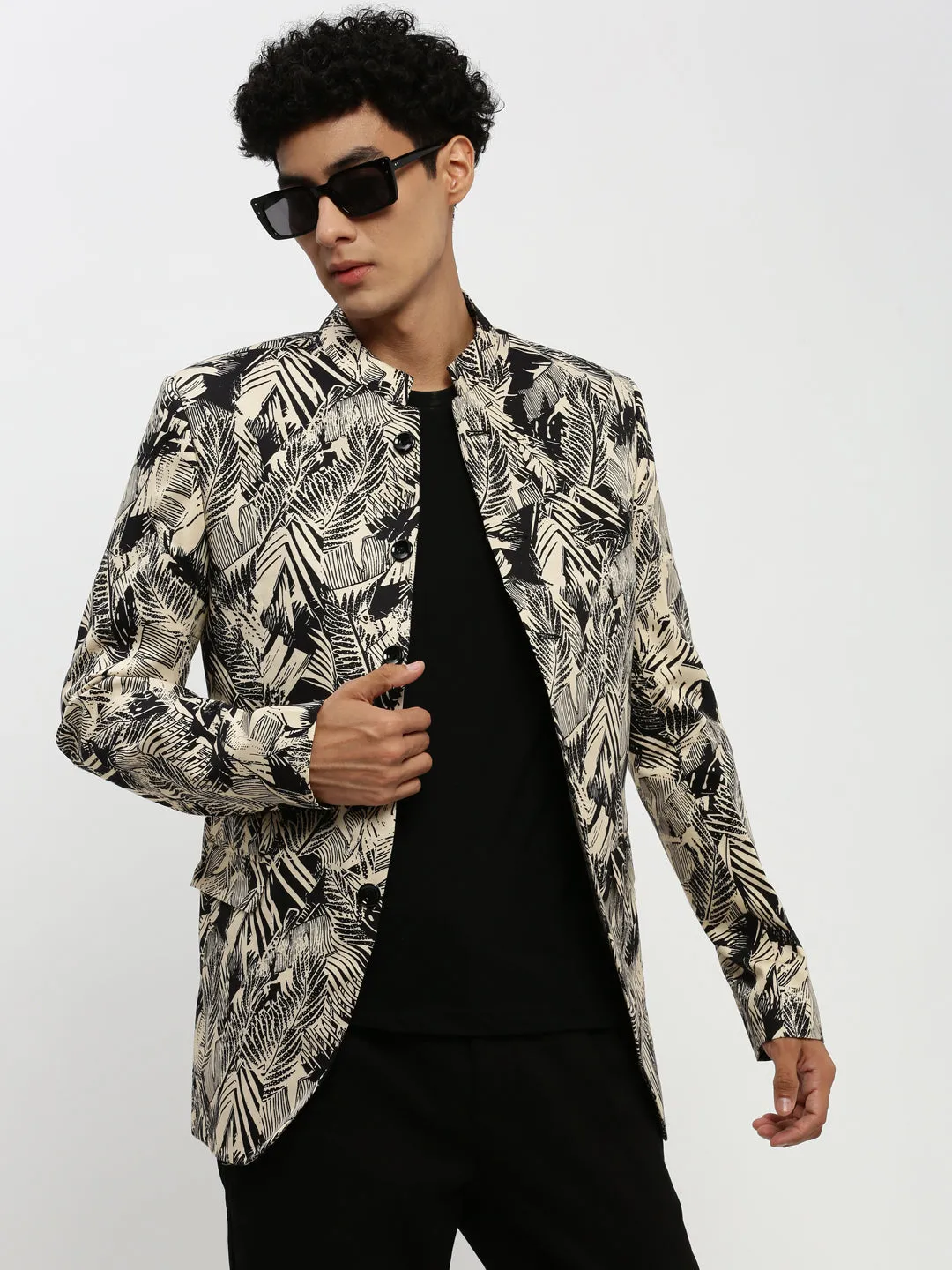 Men Beige Printed Bandhgala Slim Fit Blazer