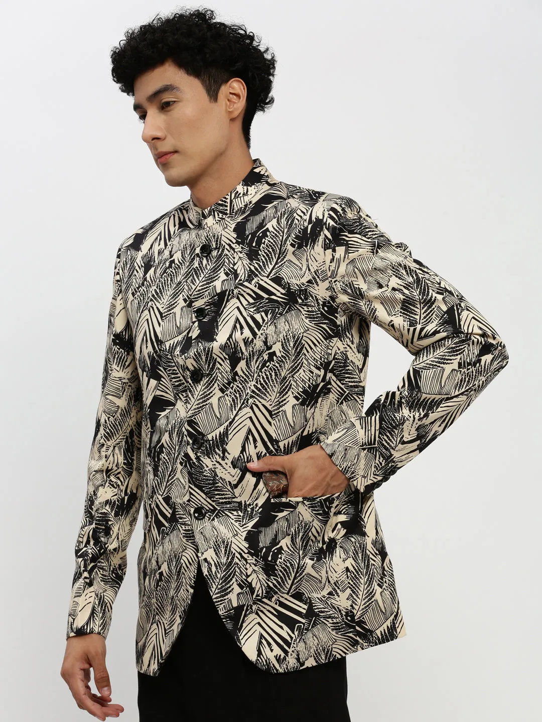 Men Beige Printed Bandhgala Slim Fit Blazer