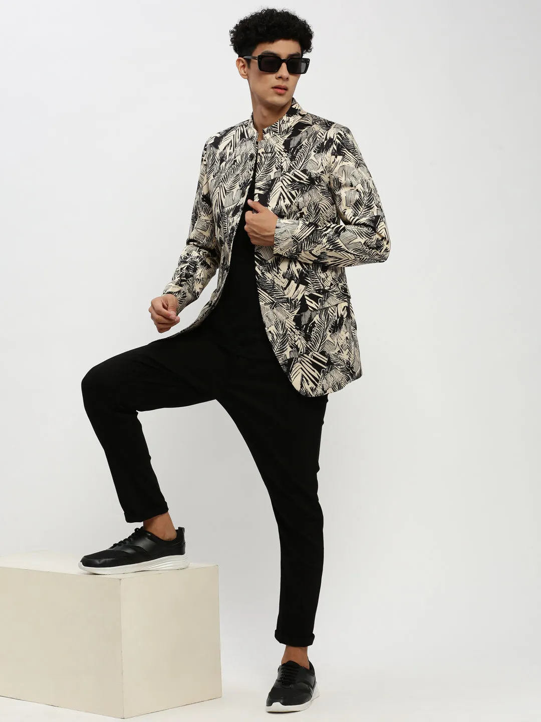 Men Beige Printed Bandhgala Slim Fit Blazer