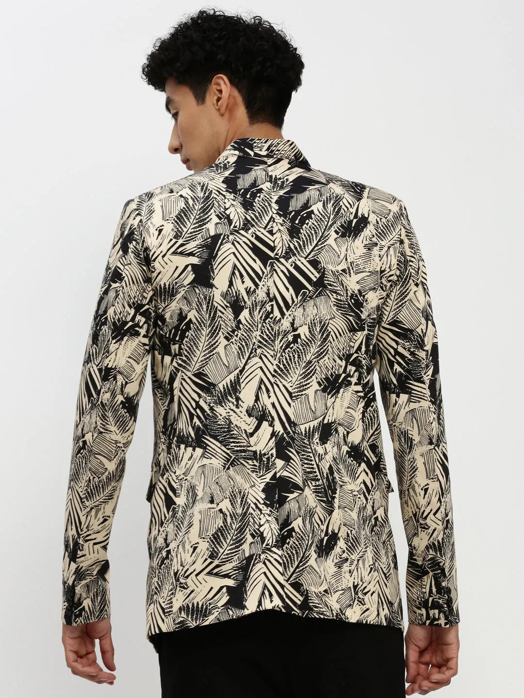 Men Beige Printed Bandhgala Slim Fit Blazer