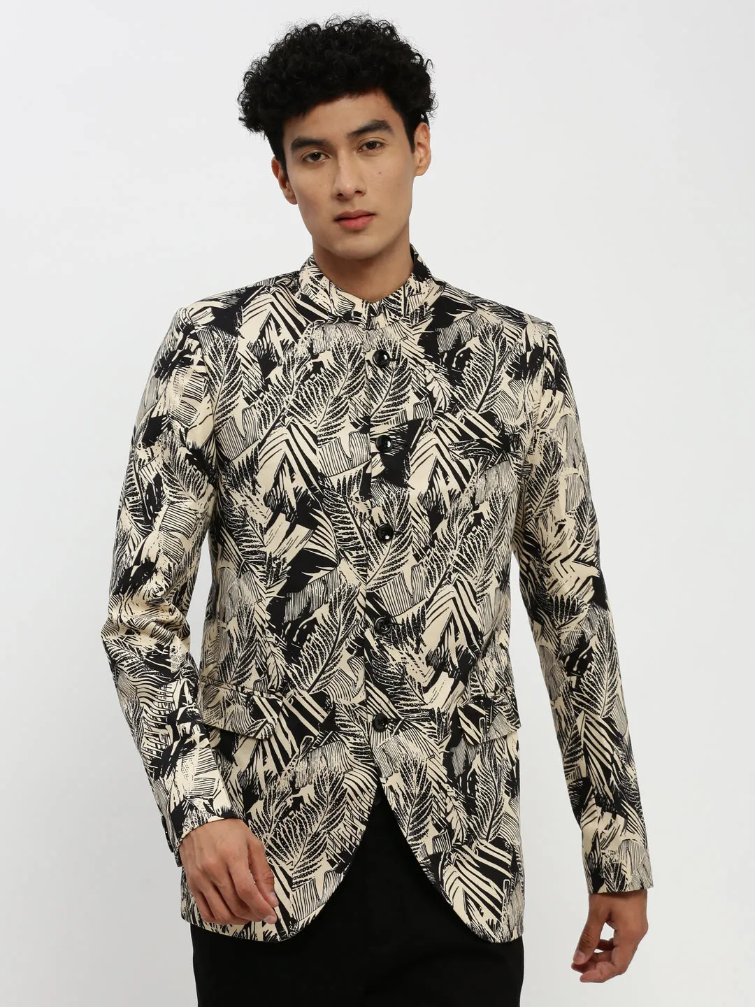 Men Beige Printed Bandhgala Slim Fit Blazer