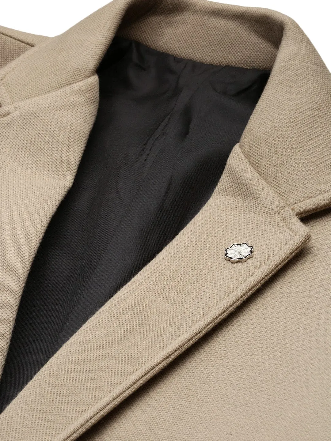 Men Beige Slim Fit Cotton Single Breasted Blazer
