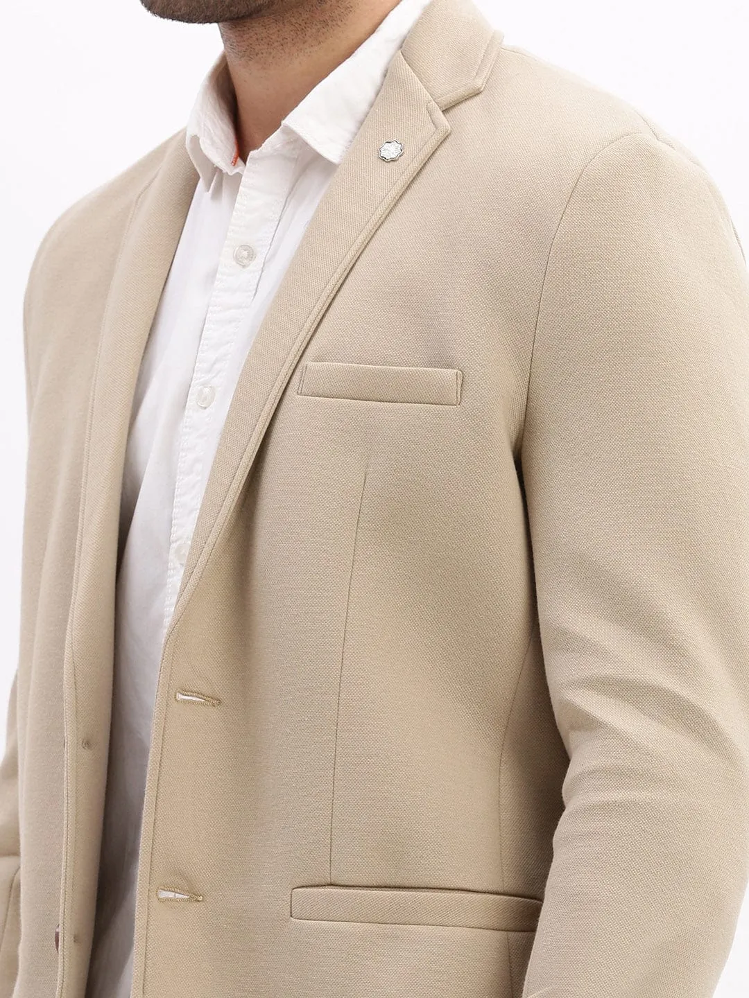 Men Beige Slim Fit Cotton Single Breasted Blazer