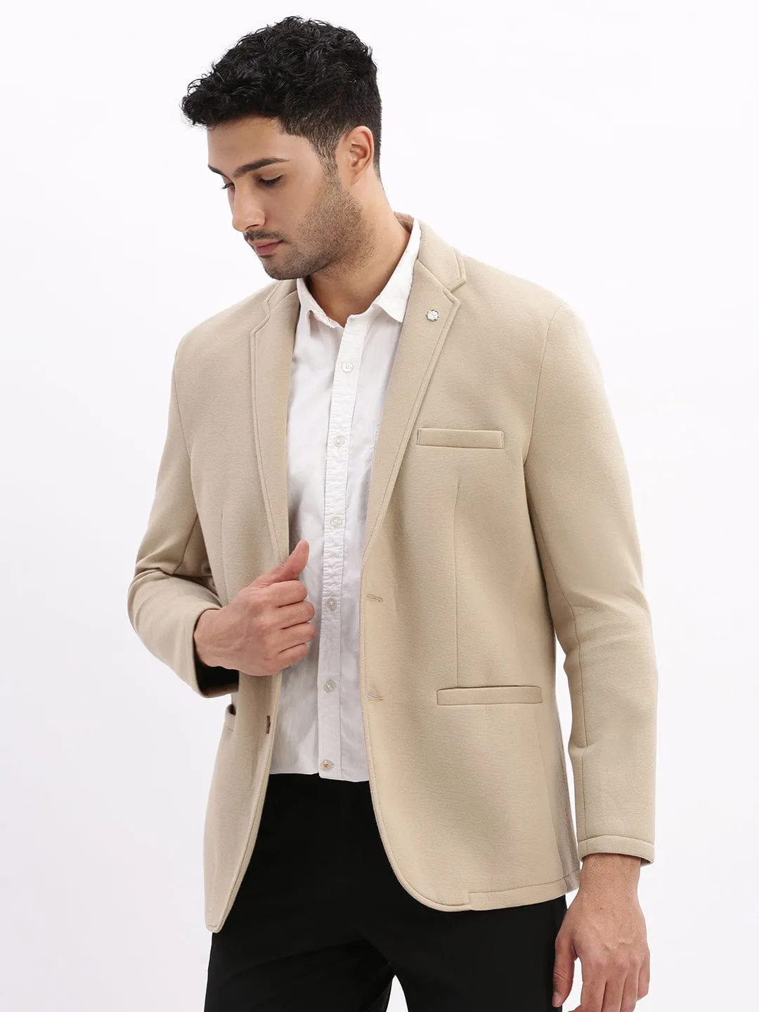 Men Beige Slim Fit Cotton Single Breasted Blazer