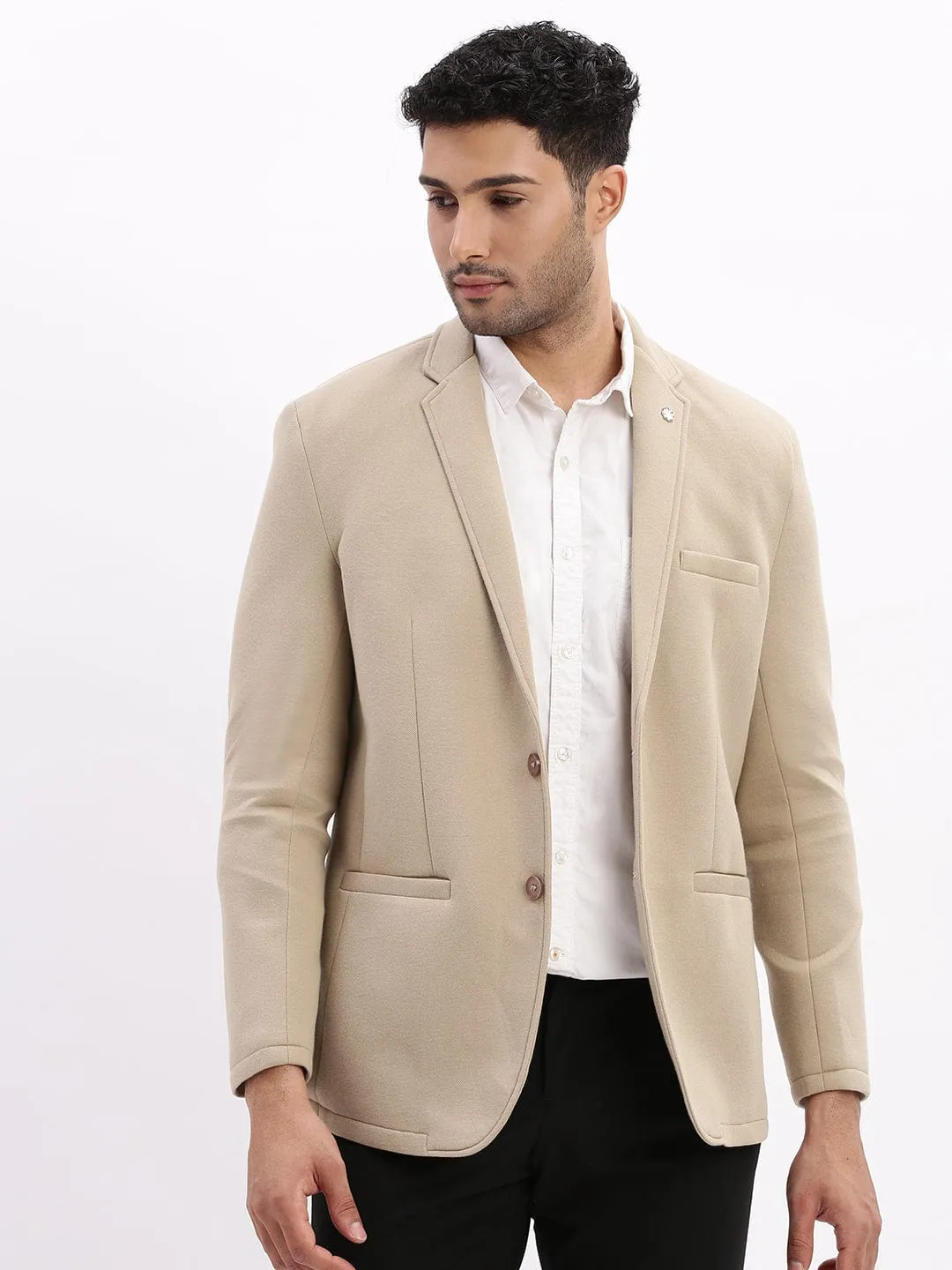 Men Beige Slim Fit Cotton Single Breasted Blazer