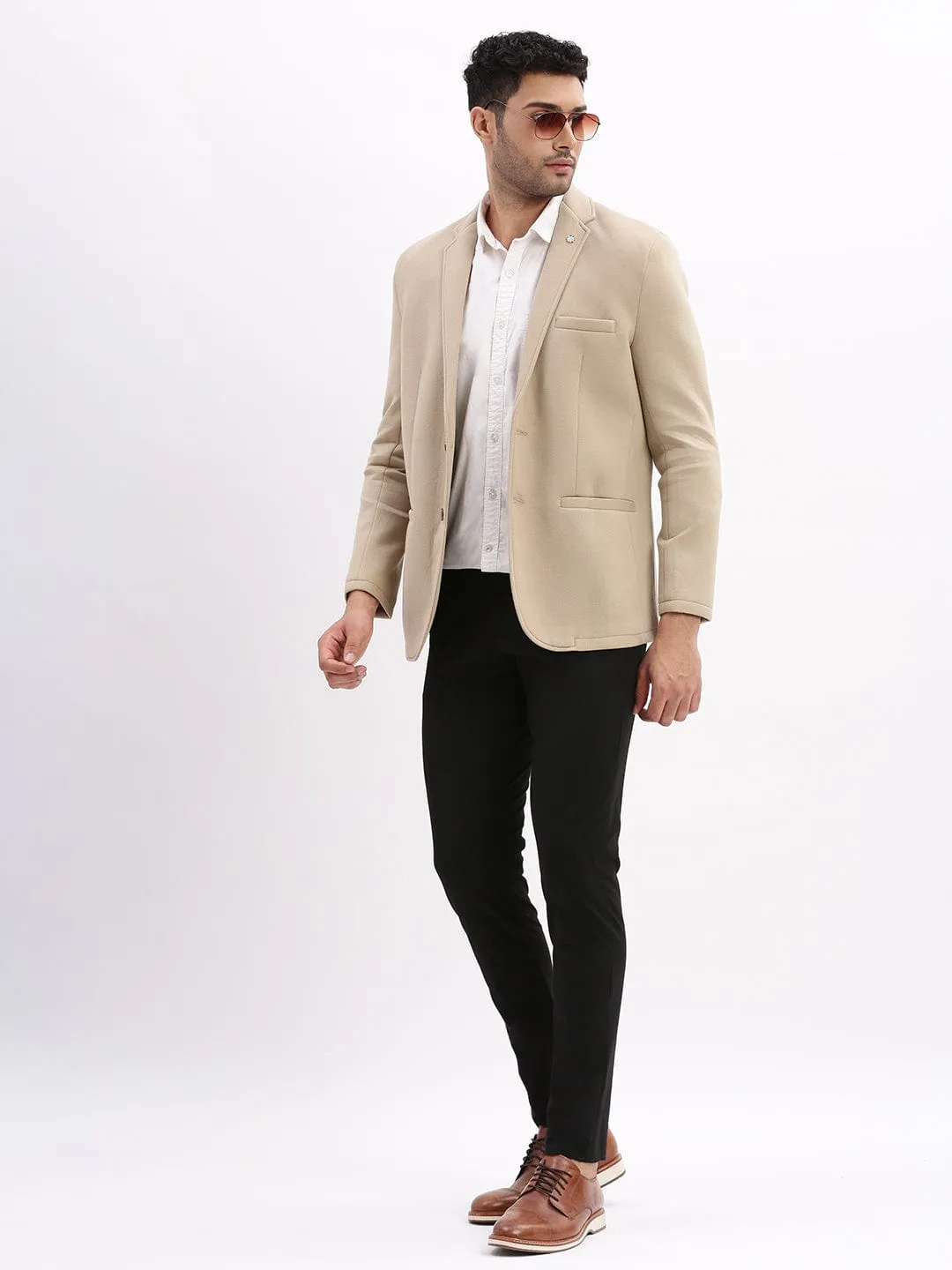Men Beige Slim Fit Cotton Single Breasted Blazer