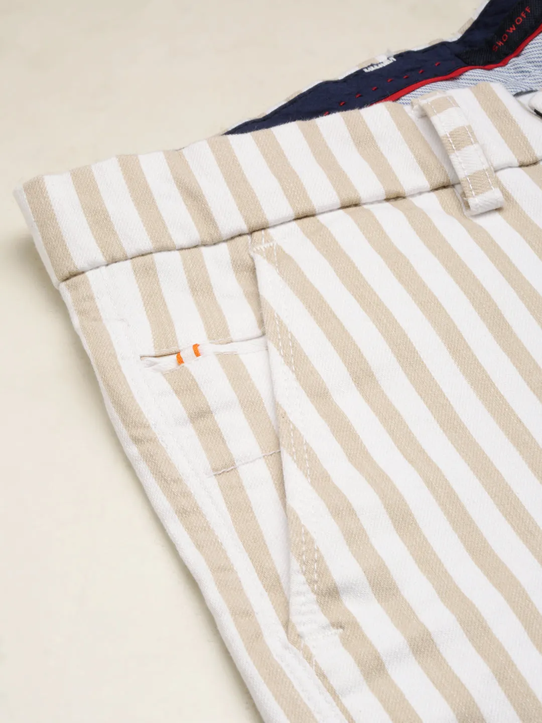Men Beige Striped Cotton Shorts