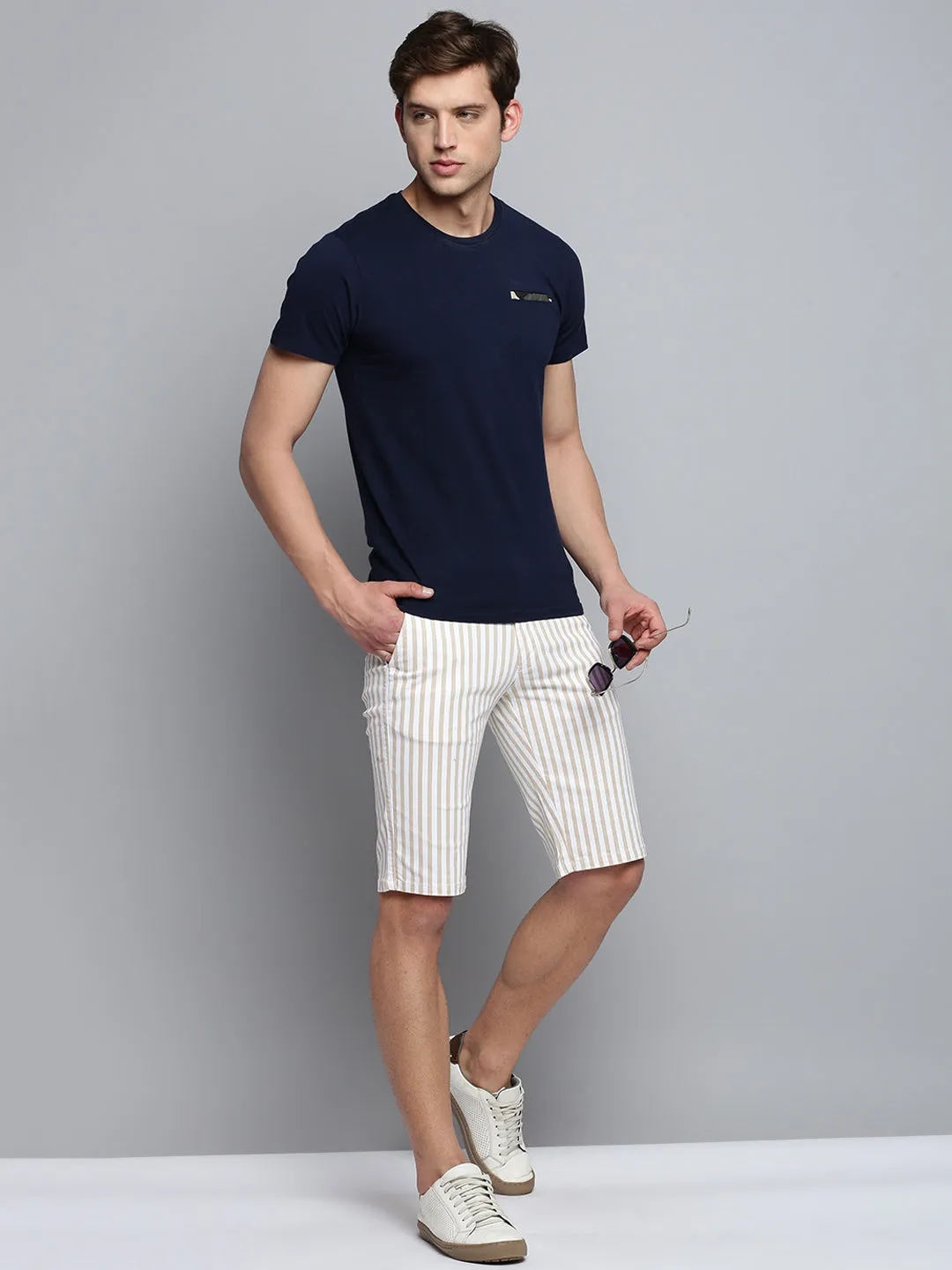 Men Beige Striped Cotton Shorts