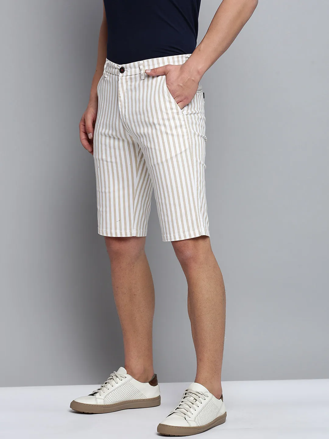 Men Beige Striped Cotton Shorts