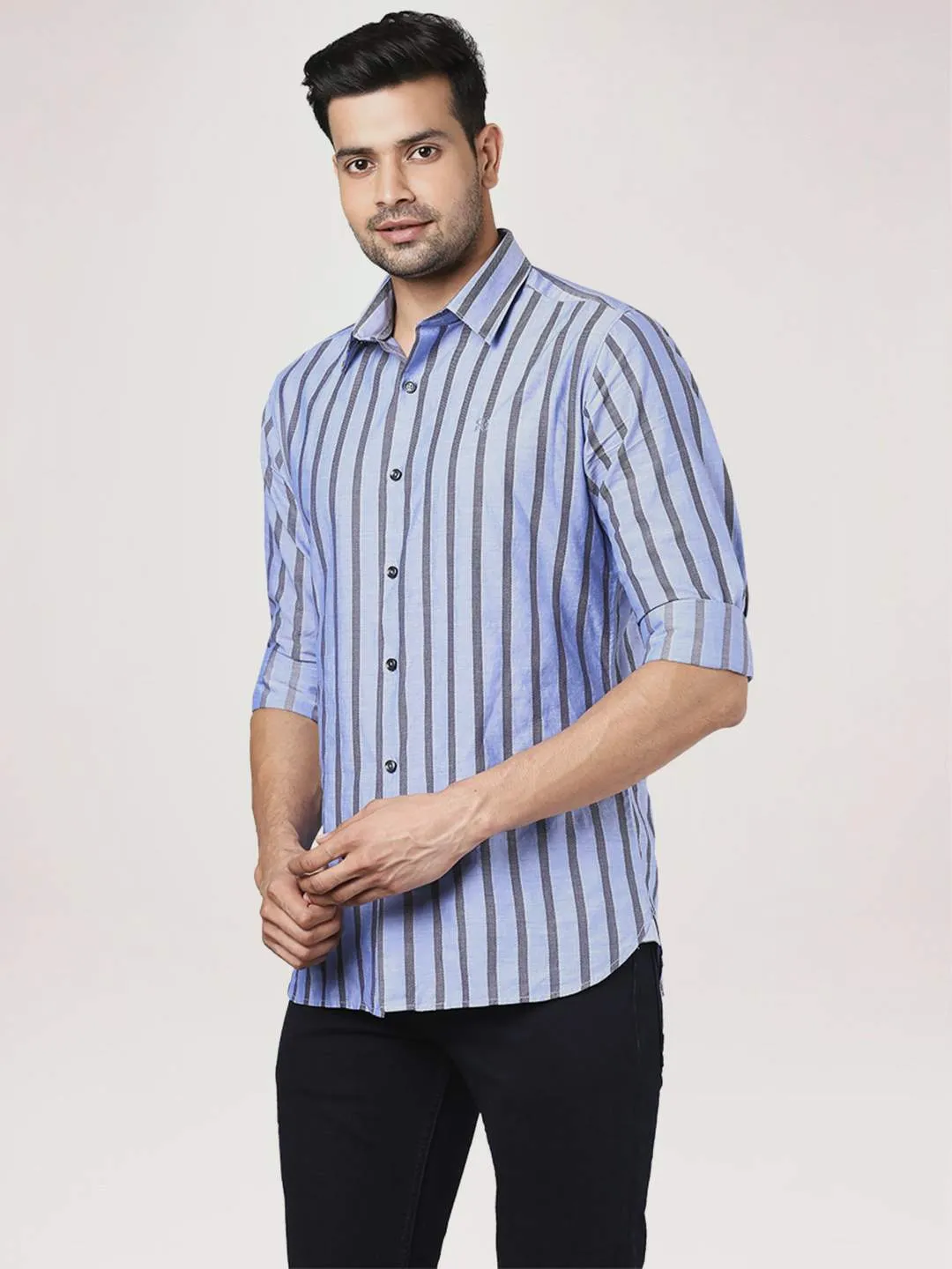 Men Blue Slim Fit Barre Cotton Shirts