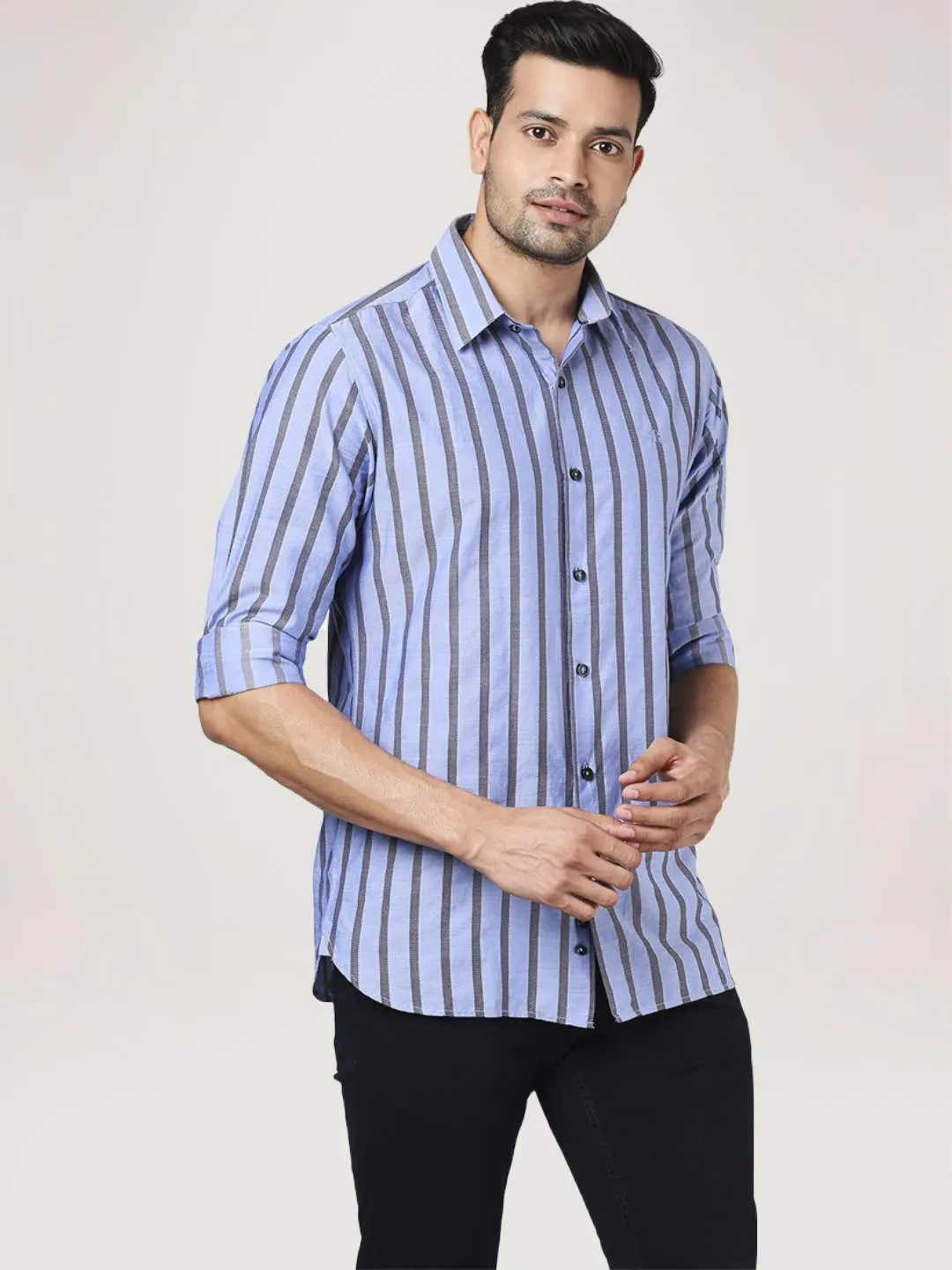 Men Blue Slim Fit Barre Cotton Shirts