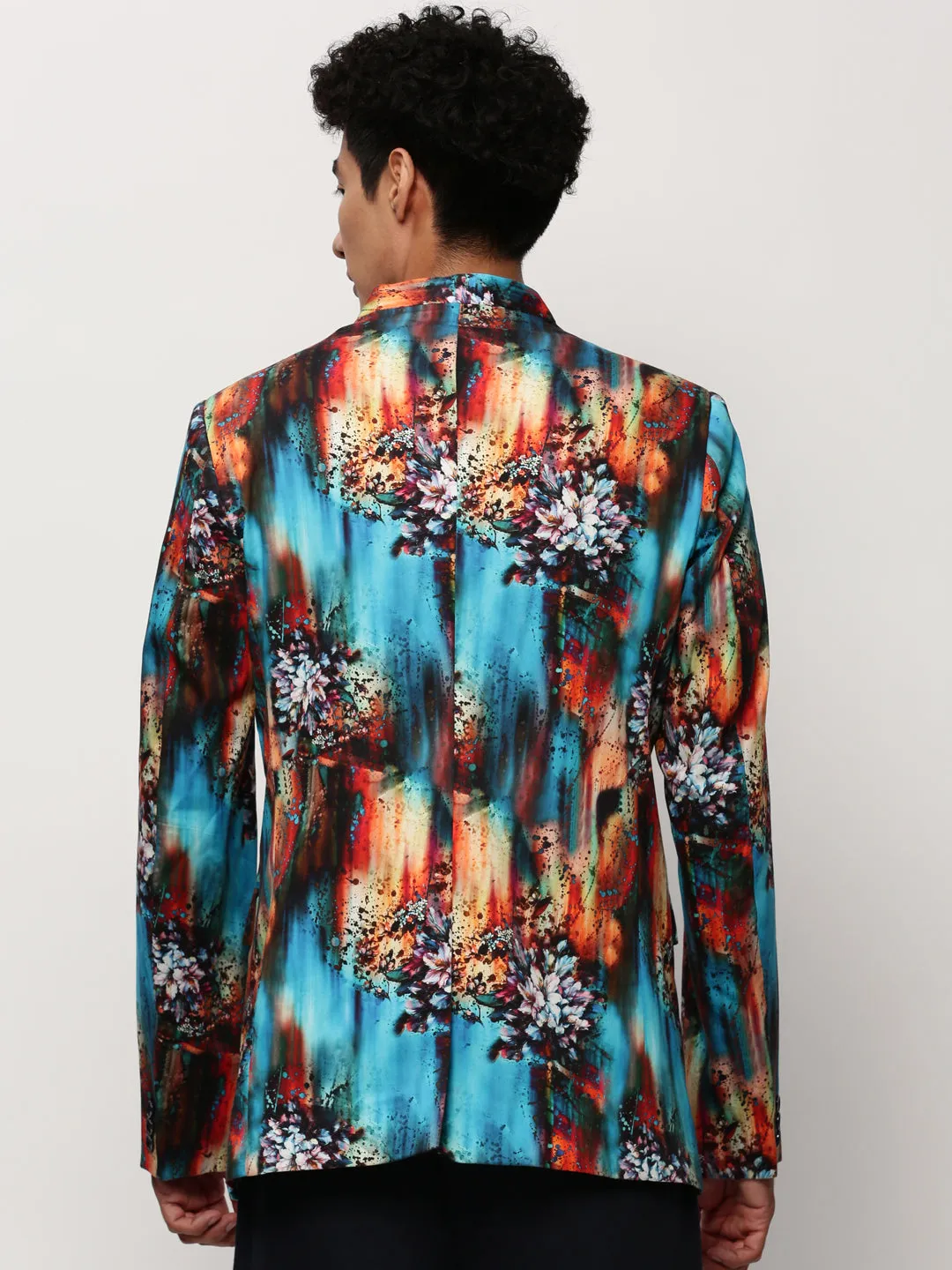 Men Blue Slim-Fit Printed Mandarin Collar Bandhgala Cotton Casual Blazer