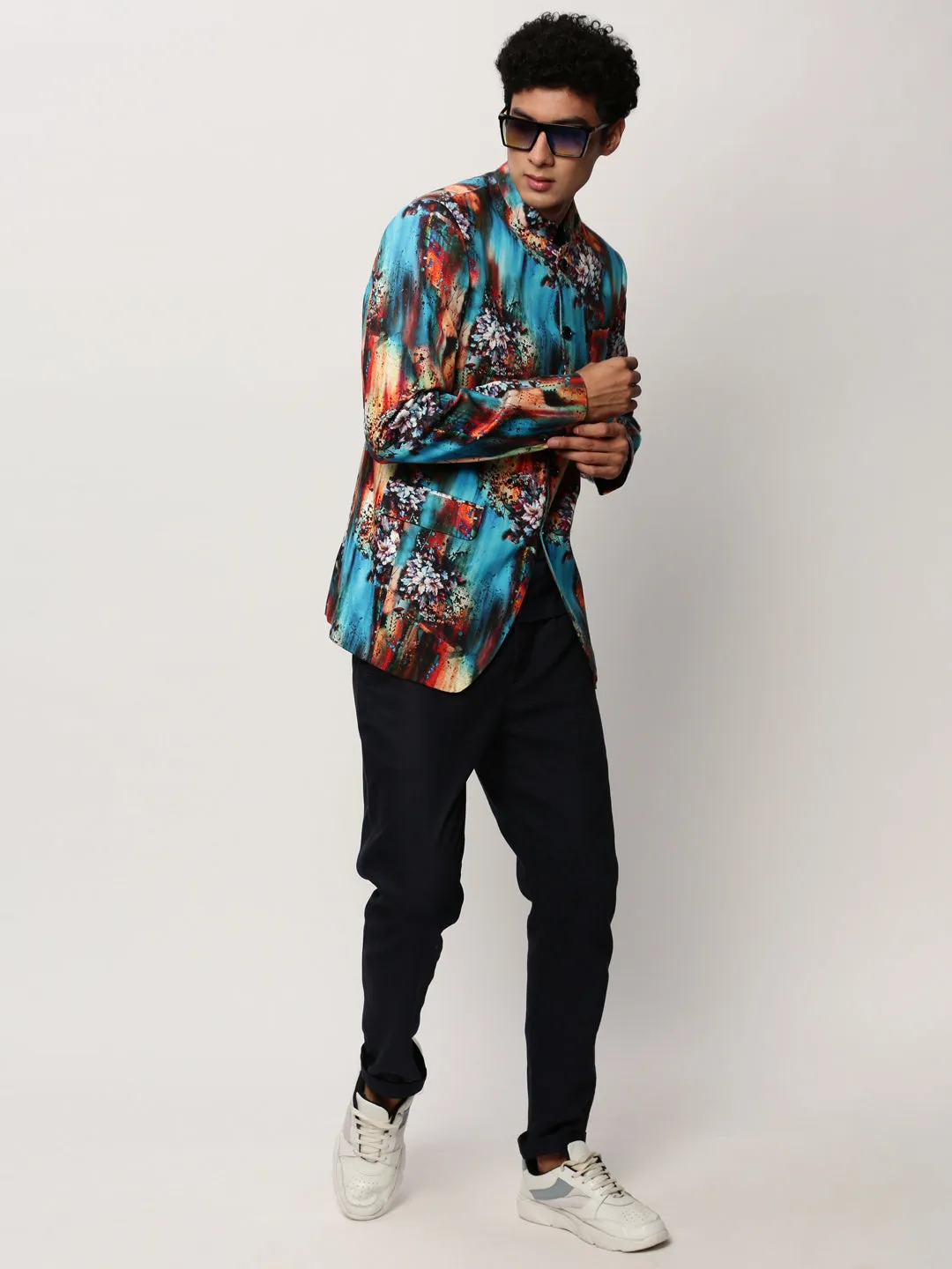Men Blue Slim-Fit Printed Mandarin Collar Bandhgala Cotton Casual Blazer