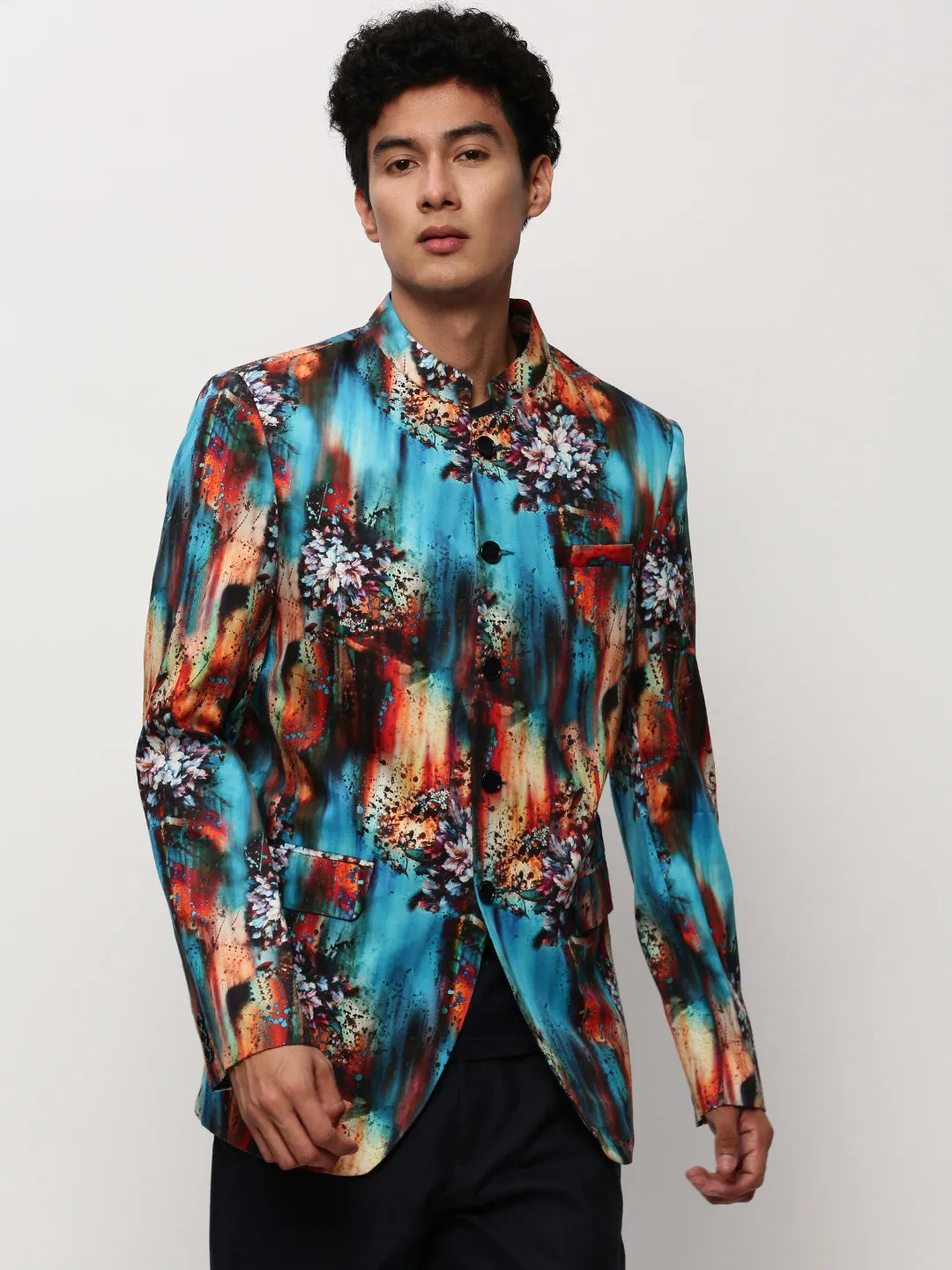 Men Blue Slim-Fit Printed Mandarin Collar Bandhgala Cotton Casual Blazer