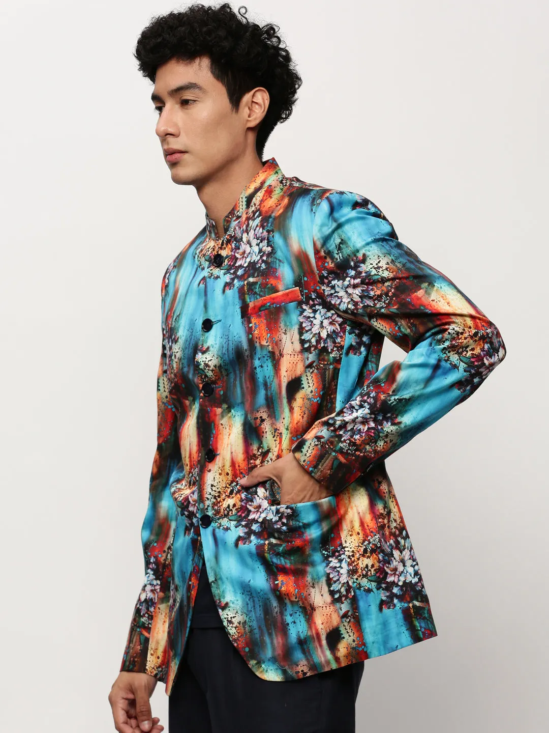 Men Blue Slim-Fit Printed Mandarin Collar Bandhgala Cotton Casual Blazer
