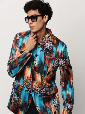 Men Blue Slim-Fit Printed Mandarin Collar Bandhgala Cotton Casual Blazer