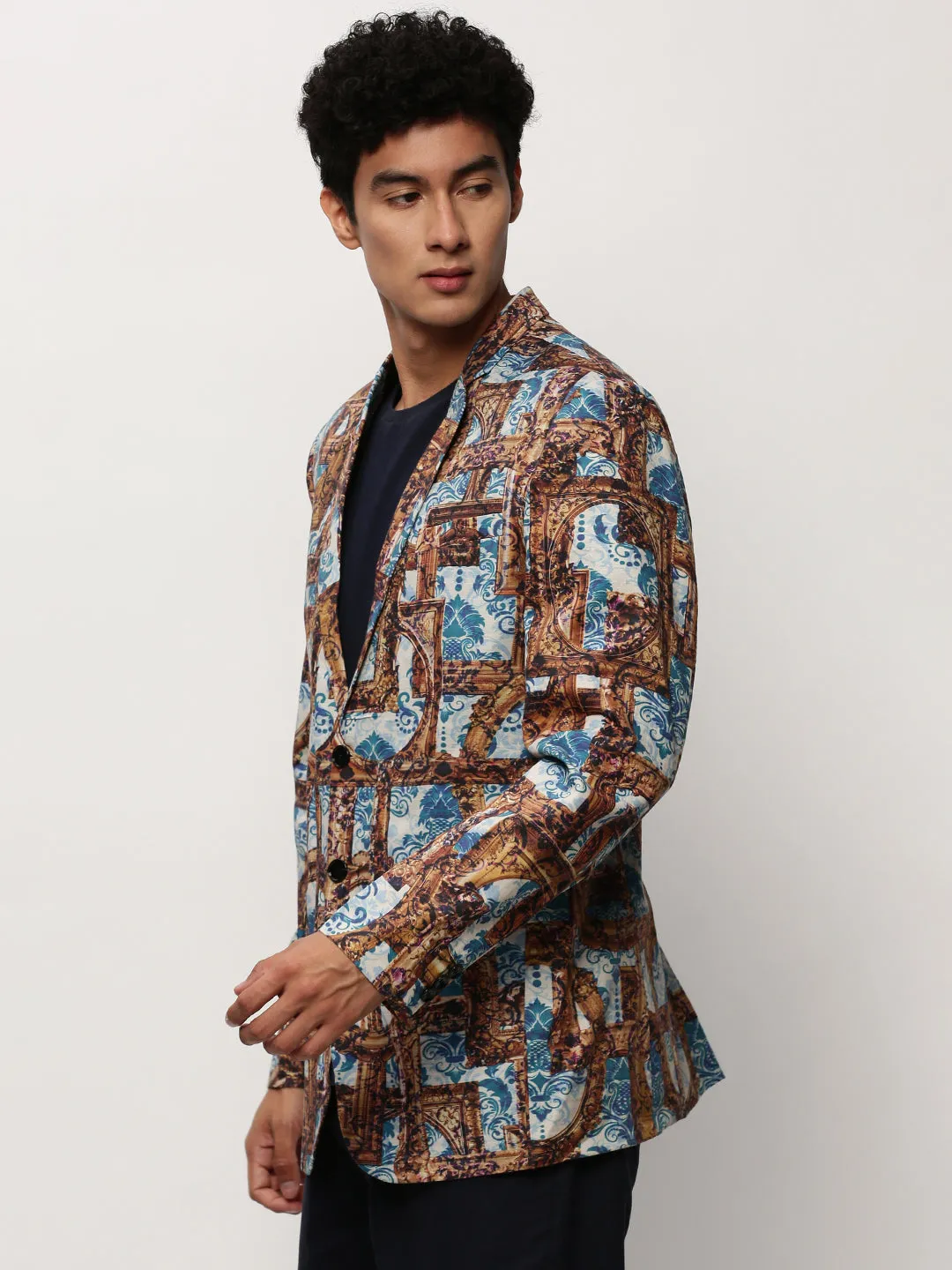 Men Brown Printed Notched Lapel Single Breasted Blazer