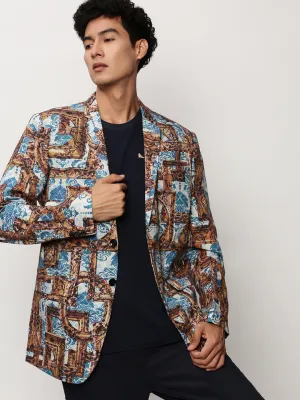 Men Brown Printed Notched Lapel Single Breasted Blazer