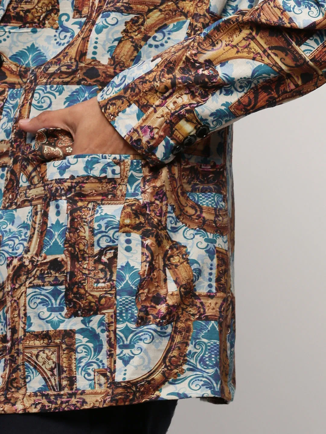 Men Brown Printed Notched Lapel Single Breasted Blazer